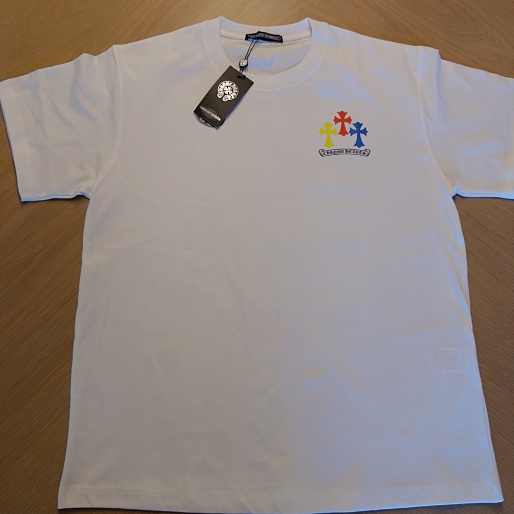 Chrome Hearts White Short Sleeve T-Shirt with Red Yellow Blue Cross Motif